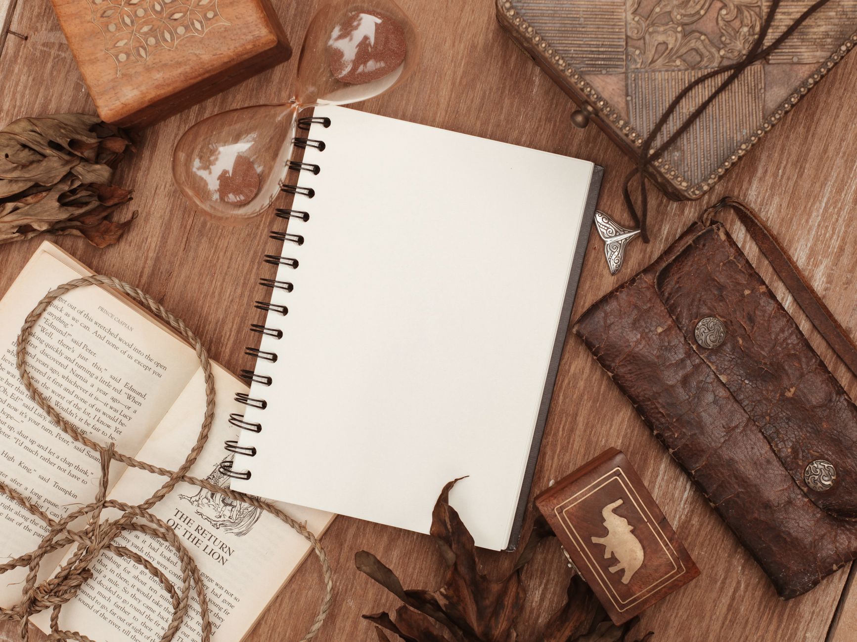 Carefully arranged travel gear and leather passport case